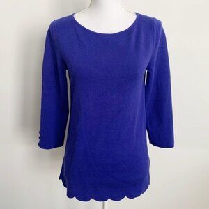 Talbots Indigo Blue Scallop Hem 3/4 Sleeve Boat Neck Sweater Size M